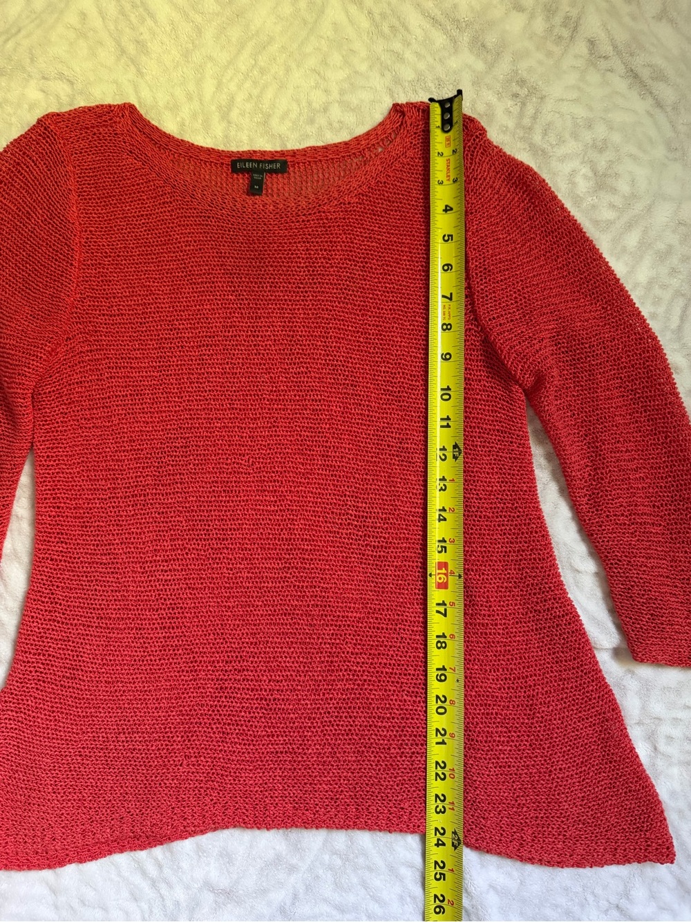 Eileen Fisher Coral-Red Lightweight Knit Scoop Neck Sweater 3/4 Sleeve - Picture 4 of 7